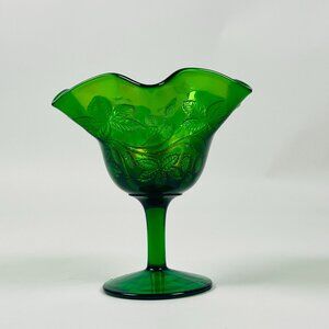 Vintage Green Glass Retro Charm Compote W/Ruffled Rim And Embossed Leaf Design